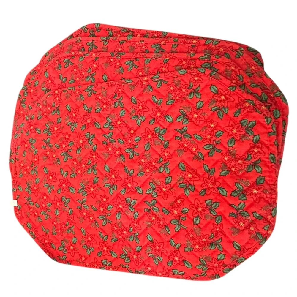Set of 4 Quilted Poinsettia‎ Christmas Placemats Red Green Holiday Table Decor